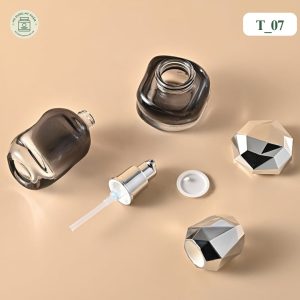 Bộ chai đựng serum và hũ đựng kem thủy tinh đen khói nắp kim cương mã T_07