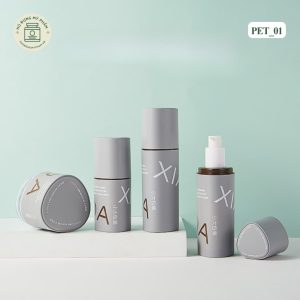 Bộ chai lọ mỹ phẩm nhựa PET màu xám mờ với thiết kế hình tam giác bo góc hiện đại mã PET01