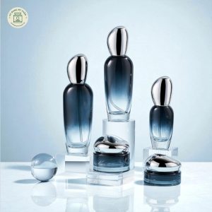 Set chai hũ thủy tinh xanh ghi ombre nắp bạc mã TT035