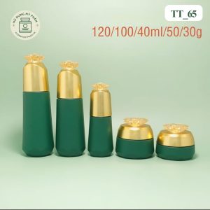 Bộ chai lọ mỹ phẩm thủy tinh màu xanh lá cây nắp vàng kim đính đá pha lê cao cấp mã TT65.
