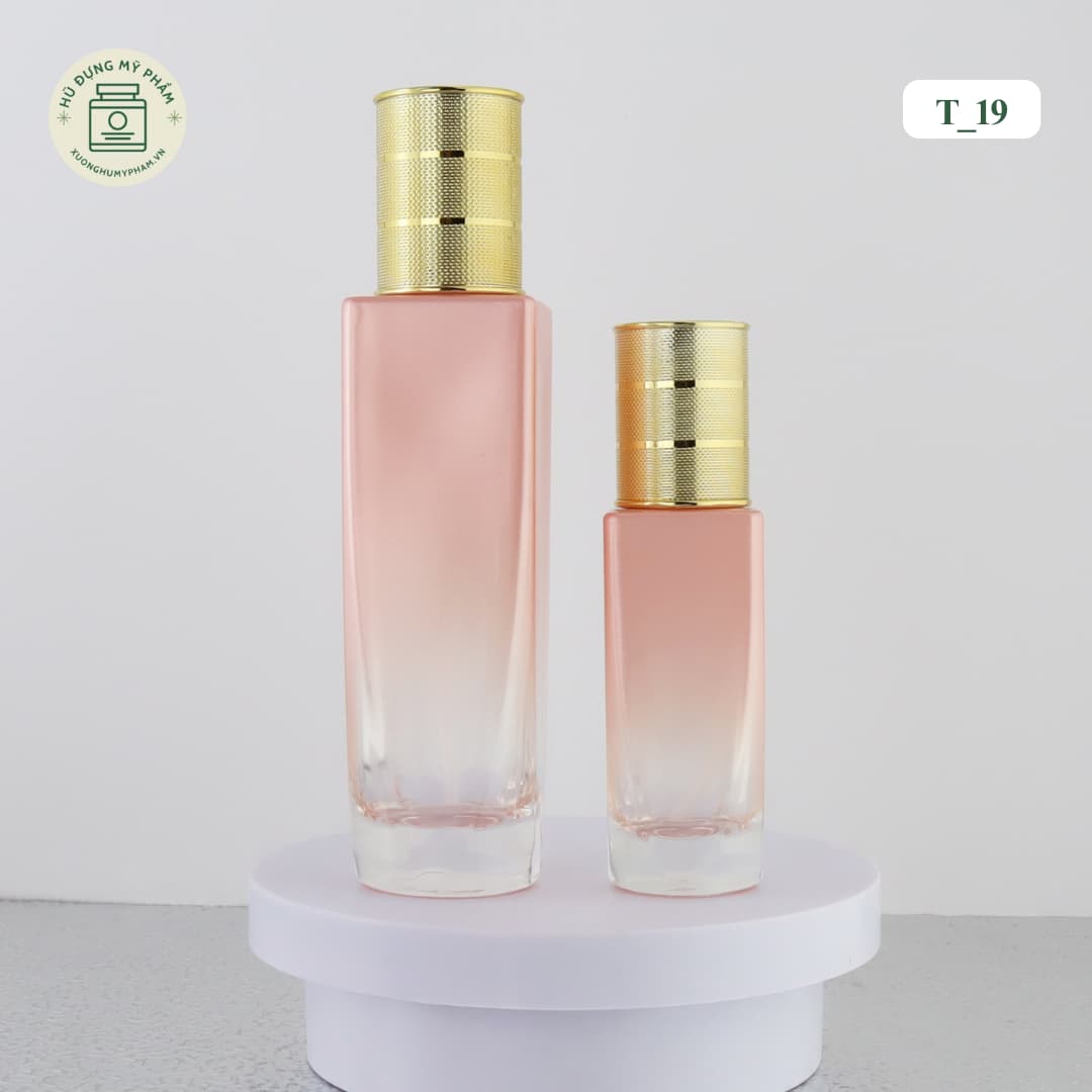Mẫu chai đựng serum và lotion bằng thủy tinh màu hồng cam ombre mã T19 thiết kế hiện đại