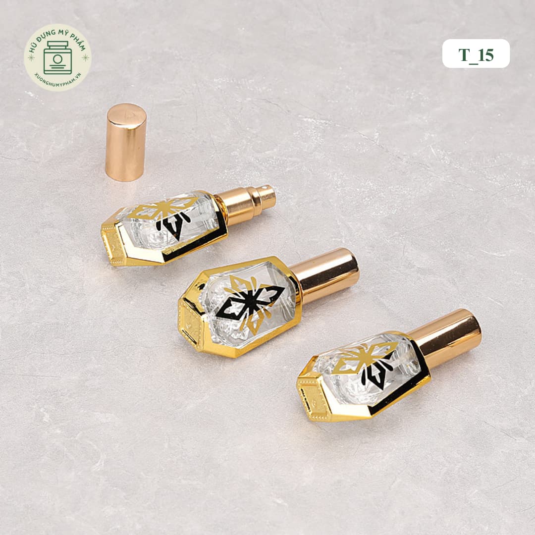 Mẫu chai nước hoa thủy tinh 10ml thiết kế hình kim cương mạ vàng kim sang trọng mã T15.