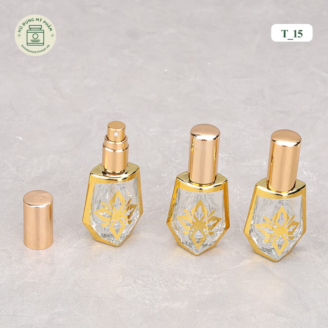 Mẫu chai nước hoa thủy tinh 10ml thiết kế hình kim cương mạ vàng kim sang trọng mã T15.