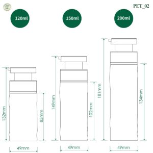 Kích thước chi tiết các loại chai nhựa PET 120ml 150ml và 200ml trong bộ sản phẩm PET02