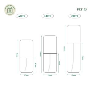 Thông số kích thước và dung tích 40ml 50ml 80ml của mẫu chai lọ mỹ phẩm PET03.