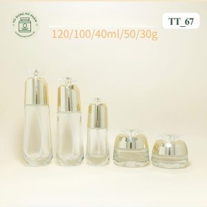 Bộ set chai lọ mỹ phẩm thủy tinh trong suốt cao cấp nắp mạ vàng đính hoa pha lê mã TT67