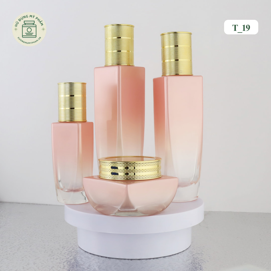 Trọn bộ vỏ chai lọ mỹ phẩm thủy tinh màu hồng cam thiết kế sang trọng đẳng cấp mã T19
